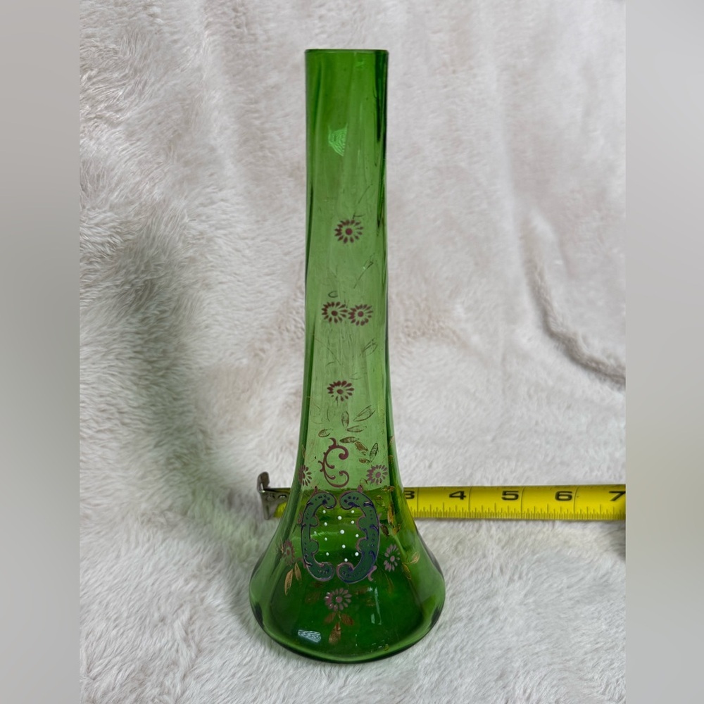 Handpainted Vintage Blown Green Bud Vase Approx 3"x 9"